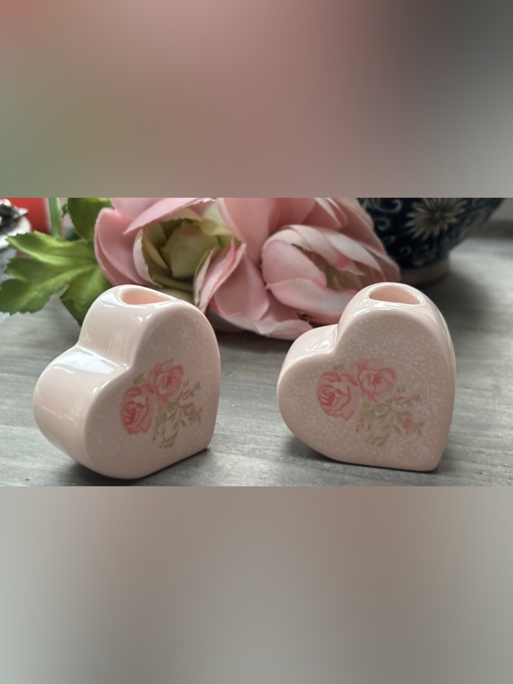 Vintage Russ Pink Heart Candle Holders with Roses
